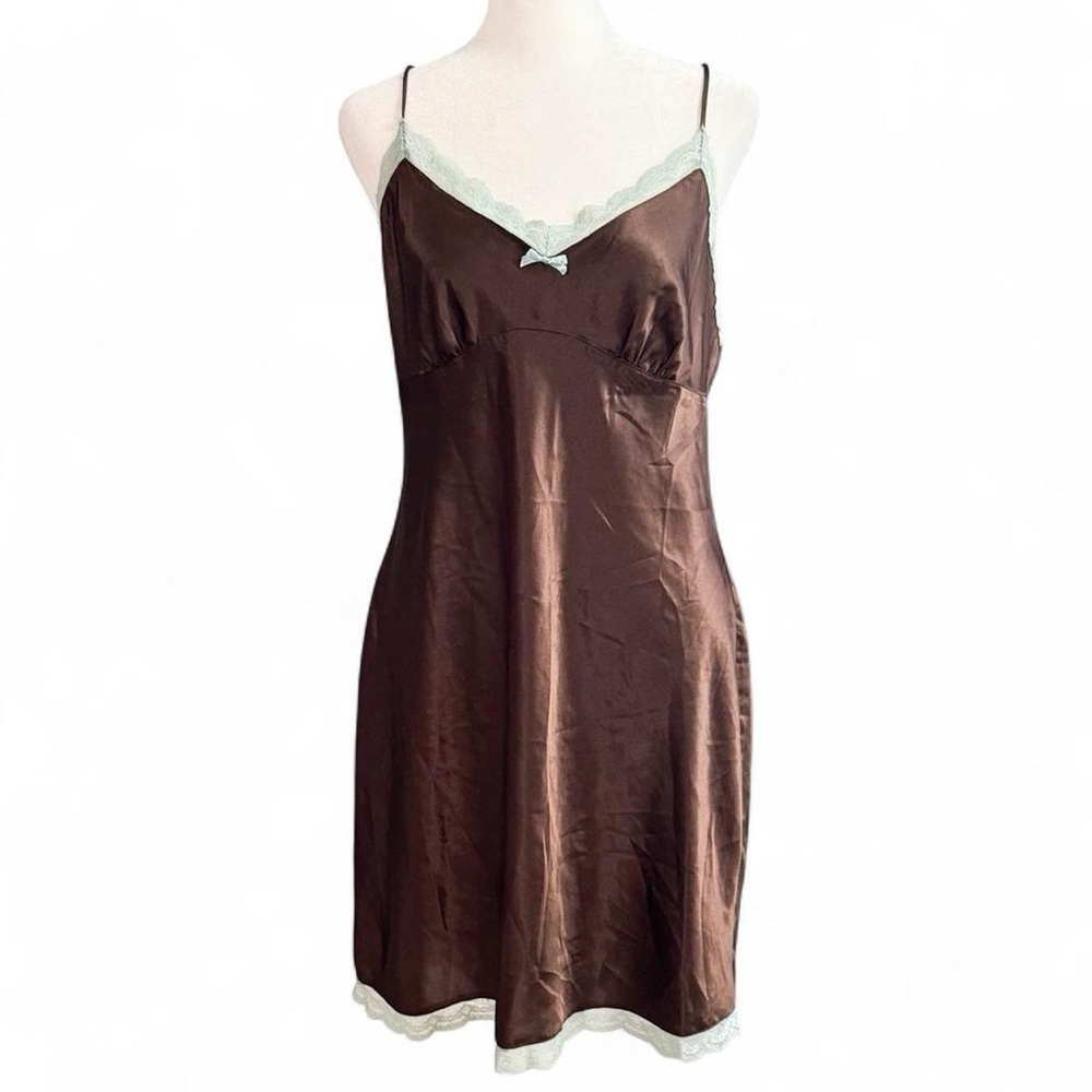 Vintage Gilligan & O’Malley Satin Slip Dress Brown Lace Trim Size M